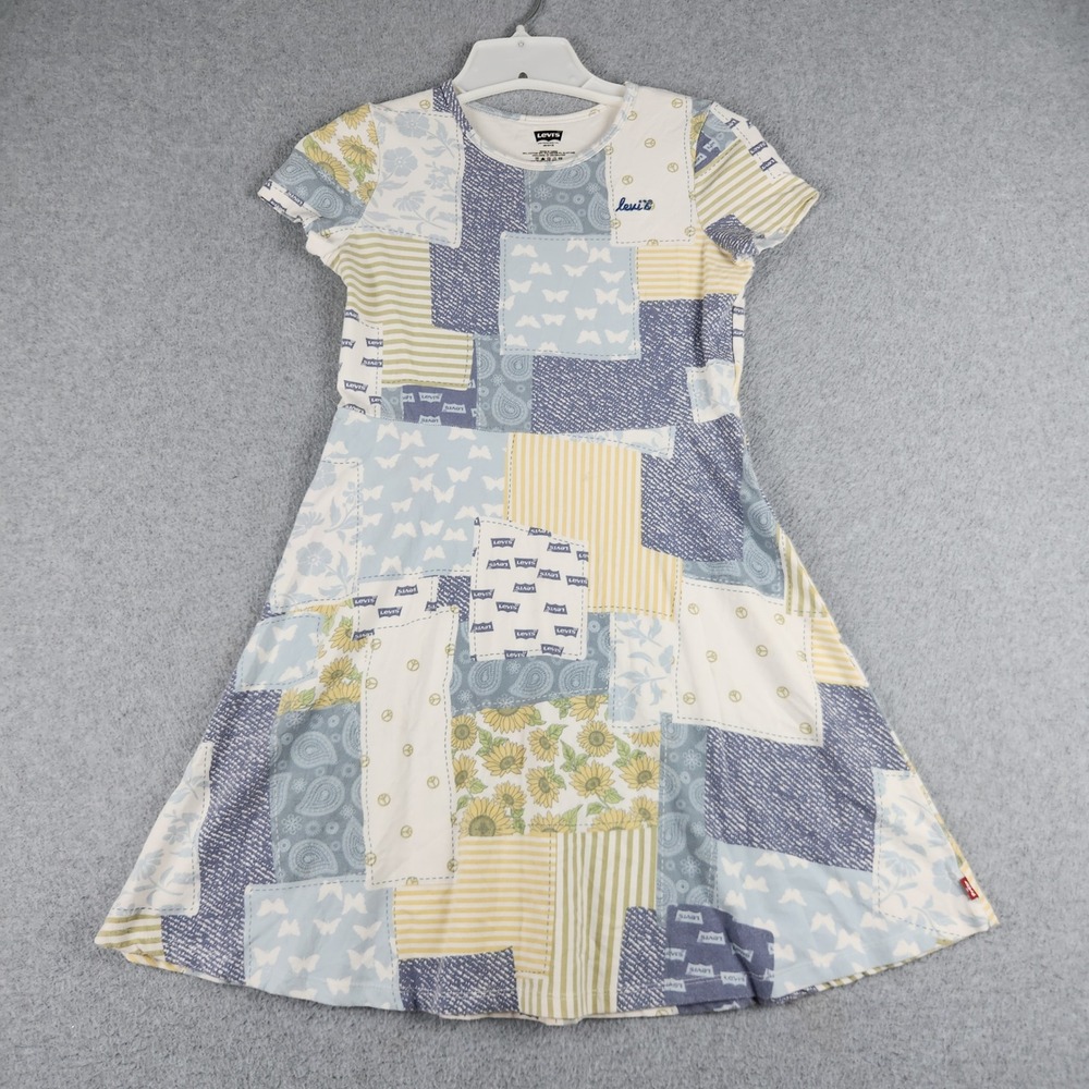 Levis Dress Girls M 10/12 Blue Patchwork Floral Butterfly Paisley Short Sleeve